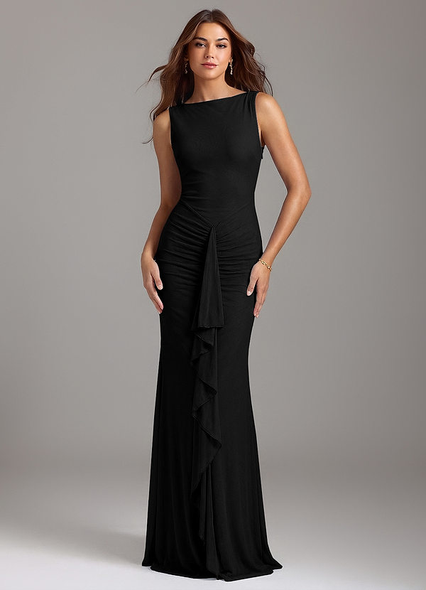 Azazie Noelle Bridesmaid Dresses Black Mermaid Boatneck Mesh Dress image1