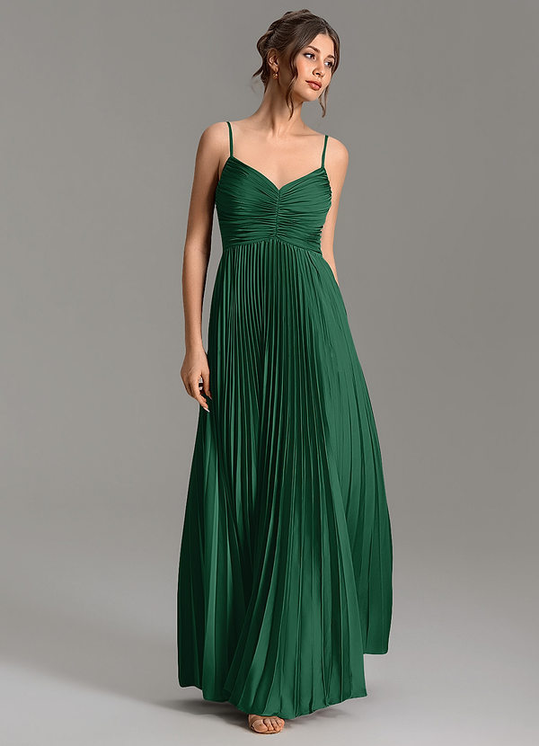 Azazie Blake Bridesmaid Dresses Dark Green A-Line Pleated Stretch Satin Dress image1