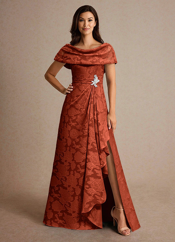 Azazie Branford Vestidos de Madre de la Novia Vestido de Castaño de Devorado Floral de Corte en A con Plisado image1