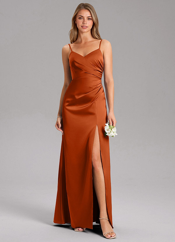 Azazie Azuree Bridesmaid Dresses Burnt Orange A-Line Pleated Stretch Satin Dress image1