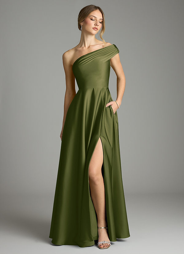 Melanie Bridesmaid Dresses Bright Olive A-Line Off the Shoulder Stretch Satin Dress image1