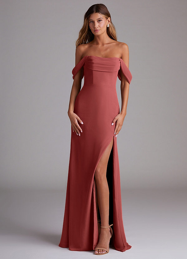 Azazie Saige Bridesmaid Dresses Terracotta A-Line Off the Shoulder Chiffon Convertible Dress image1