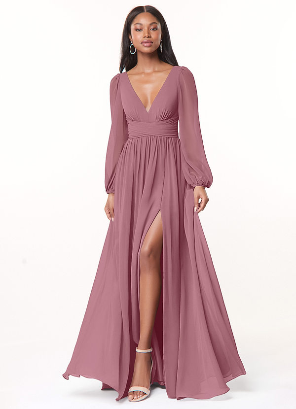 Azazie Norah Bridesmaid Dresses Vintage Mauve A-Line V-Neck Long Sleeve Chiffon Dress image1