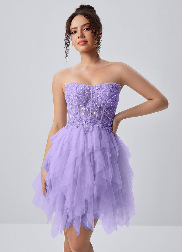 Madeline Purple Strapless 3D Floral Tulle Lace-Up Mini Dress image1