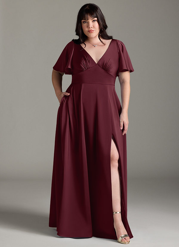 Azazie Kimber Bridesmaid Dresses Cabernet A-Line Ruched Stretch Satin Dress image1