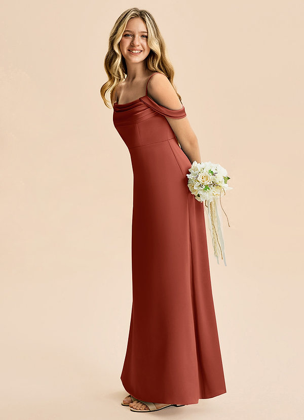 Azazie Lettie Junior Linia A Zza ramienia Satyna elastyczna Długość podłogi Młodsza druhna Sukienka image1