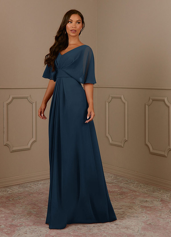 Azazie Oksana Mother of the Brides Dresses Dark Navy A-Line V-Neck Pleated Chiffon Dress image1