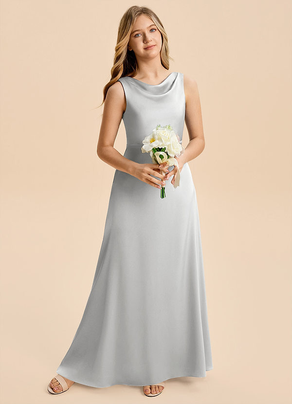 Azazie Kiki Junior Robe Trapèze en Satin extensible Nœud Argent image1