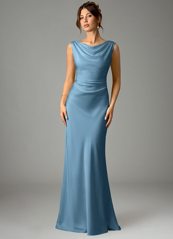 Azazie Kieryn Bridesmaid Dresses Steel Blue Mermaid Pleated Stretch Satin Dress image1