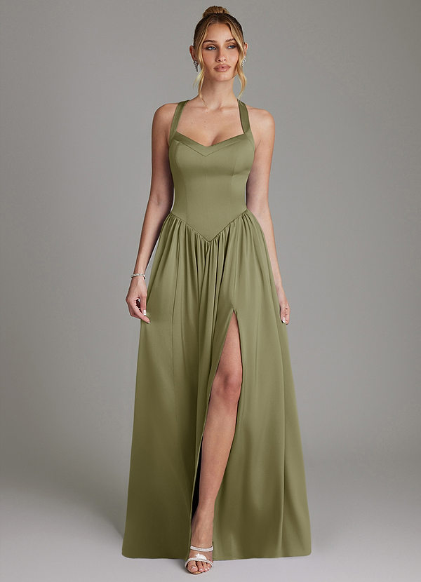 Azazie Francis Bridesmaid Dresses Pistachio A-Line Corset Stretch Satin Dress image1