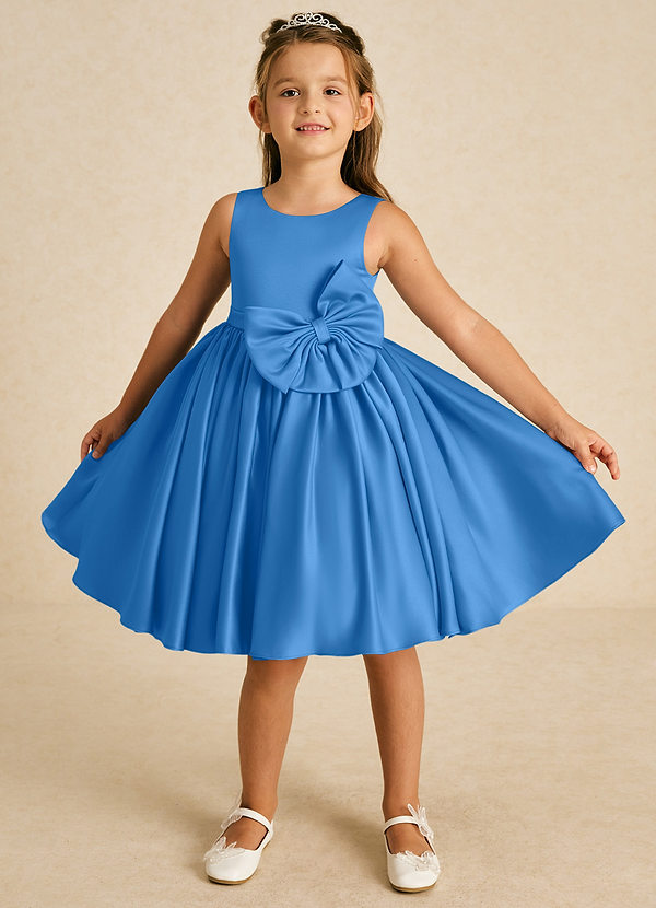 Azazie Apple Flower Girl Dresses Blue Jay A-Line Bow Matte Satin Dress image1