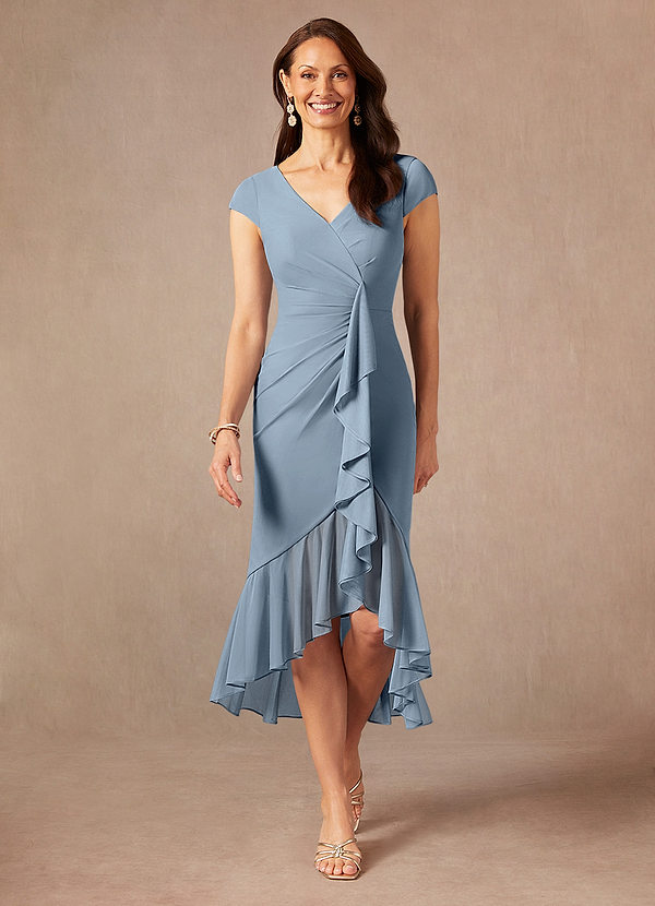 Azazie Renetta Mother of the Brides Dresses Dusty Blue Sheath V-Neck Pleated Mesh Dress image1