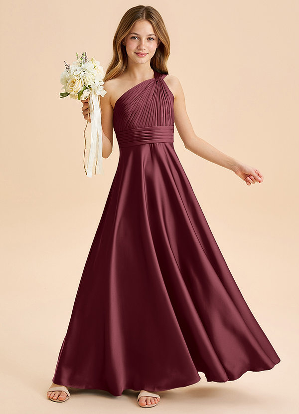 Azazie Charlize Junior Robe Trapèze en Satin extensible Plissée Merlot image1