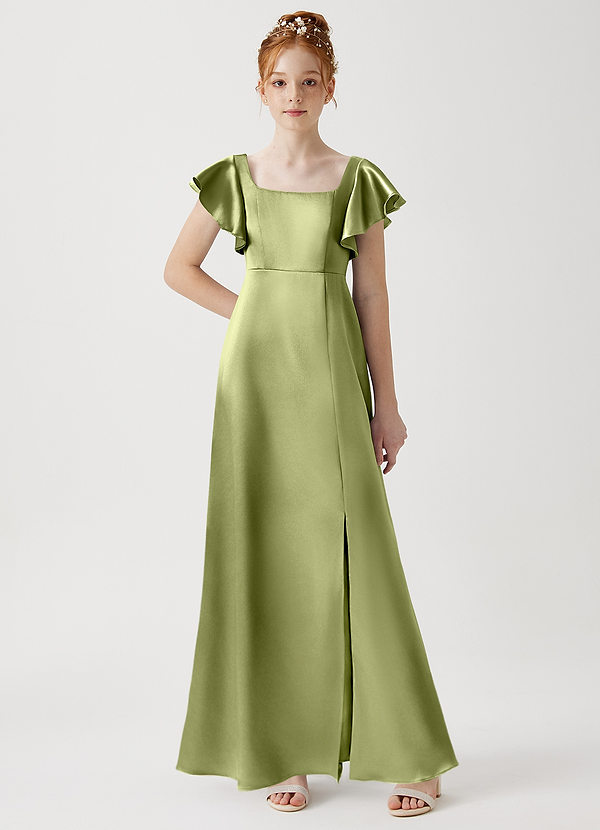 Azazie Bondi Junior Pistachio A-Line Side Slit Metallic Satin Dress image1