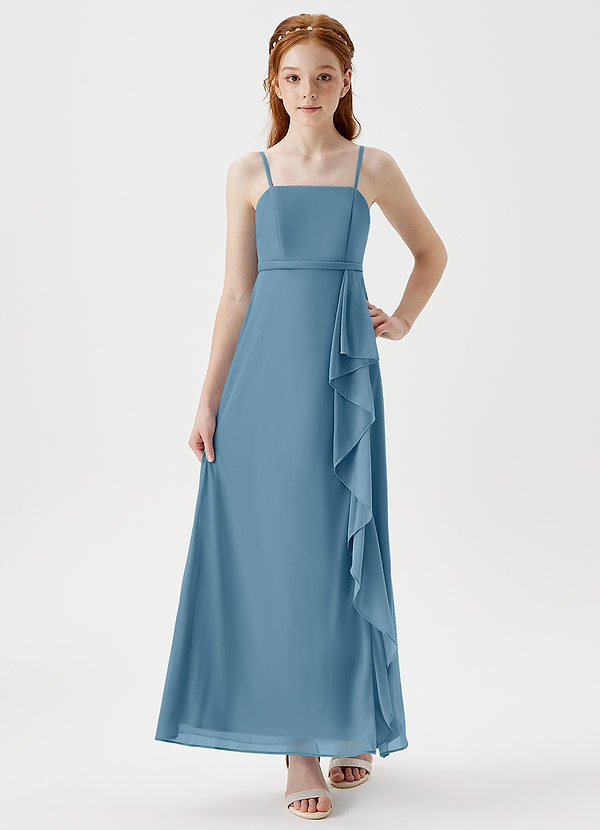 Azazie Kaylee Junior Steel Blue A-Line with Belt Mesh Dress image1