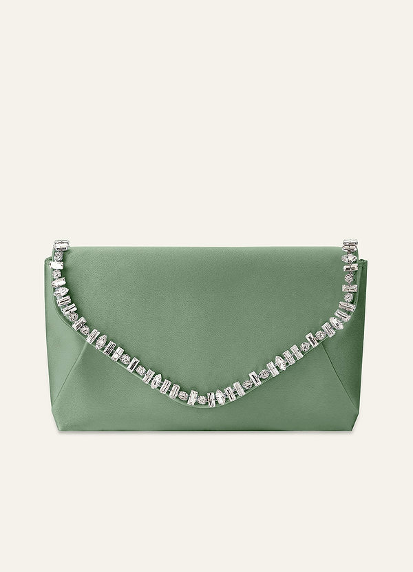 front Matching Color Crystal Trim Satin Evening Clutch Bag with Chain Strap