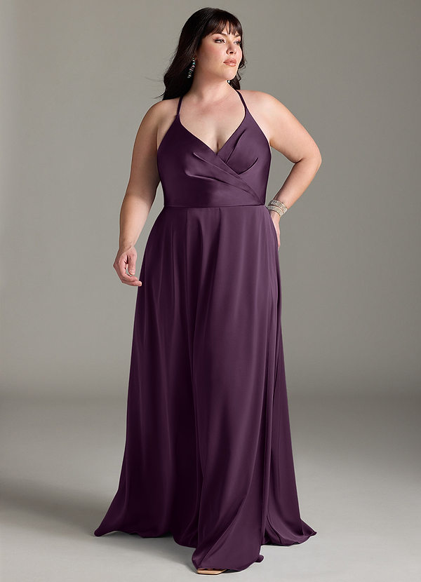 Azazie Davis Robes Demoiselle d'honneur Robe Trapèze en Satin extensible Plissée Prune image1