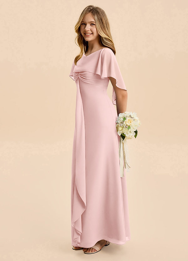 Azazie Selena Junior Powder Pink A-Line Ruched Chiffon Dress image1