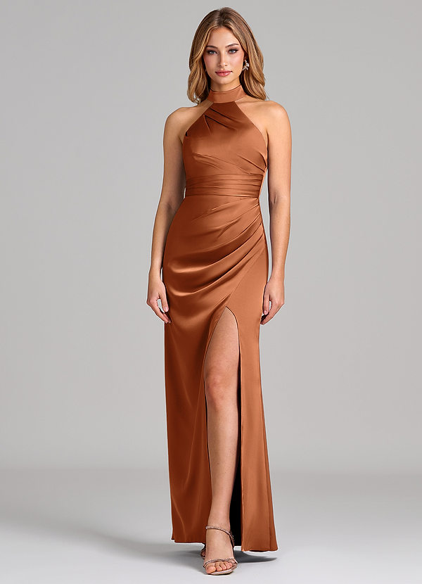 Azazie Karlotta 신부 들러리 드레스 쉬스 주름진 스트레치 새틴 바닥 길이 드레스 image1