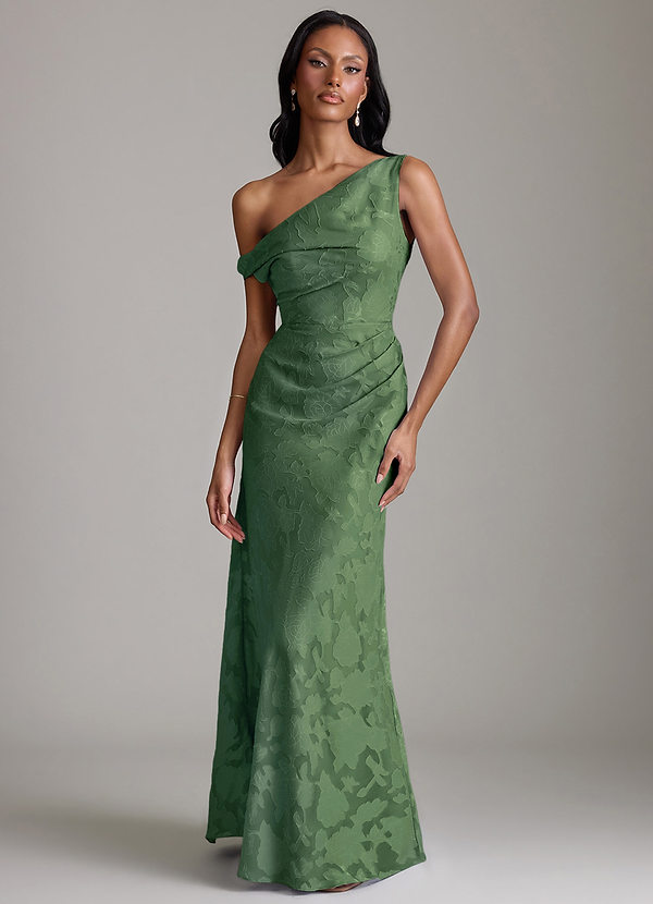 Azazie Emerson Bridesmaid Dresses Vestido Eucalipto de Esgotamento Floral de sereia com Fora do ombro image1