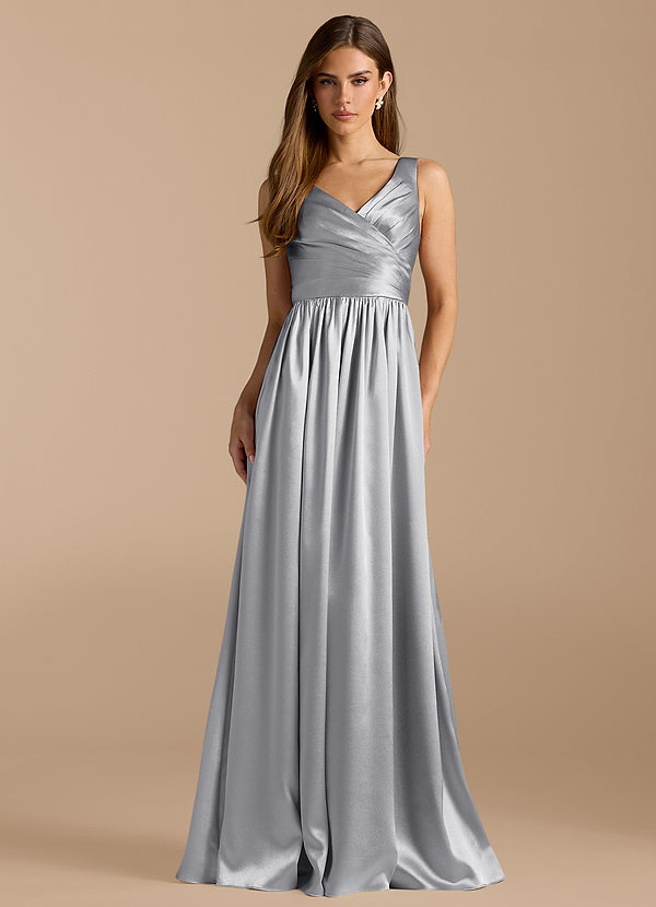 Azazie Keyla Brautjungfernkleider A-Linie Plissee Metallischer Satin Kleid Silber image1