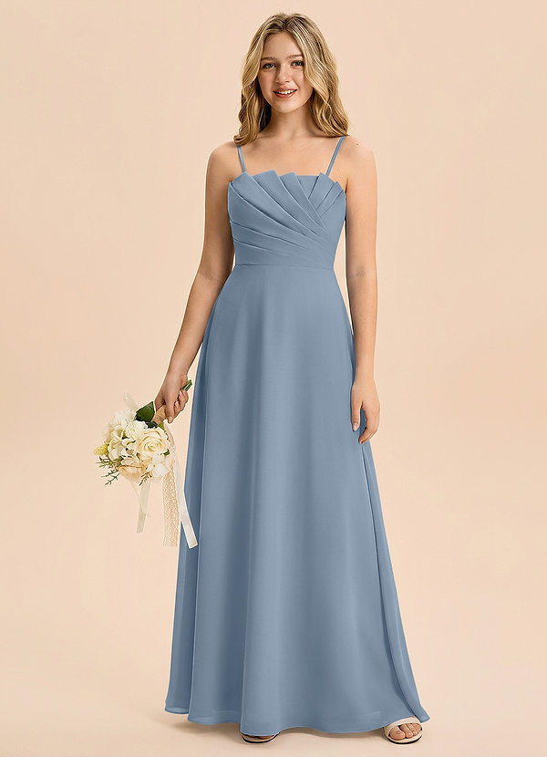 Azazie Rory Junior Robe Trapèze en Mousseline de soie Plissée Bleu Poussiéreux image1