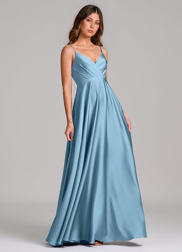 Azazie Amani Bridesmaid Dresses Steel Blue A-Line Pleated Stretch Satin Dress image1
