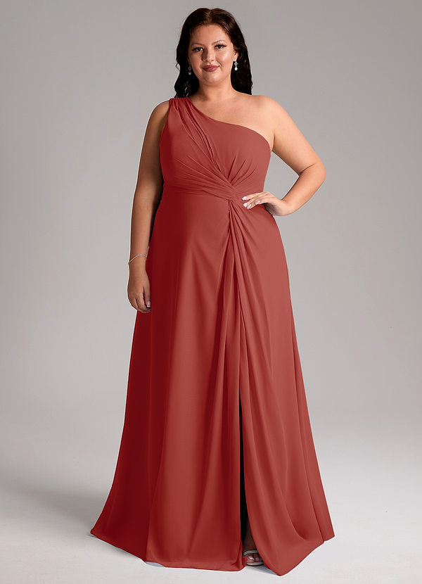 Azazie Brooke Bridesmaid Dresses Terracotta A-Line One Shoulder Chiffon Dress image1