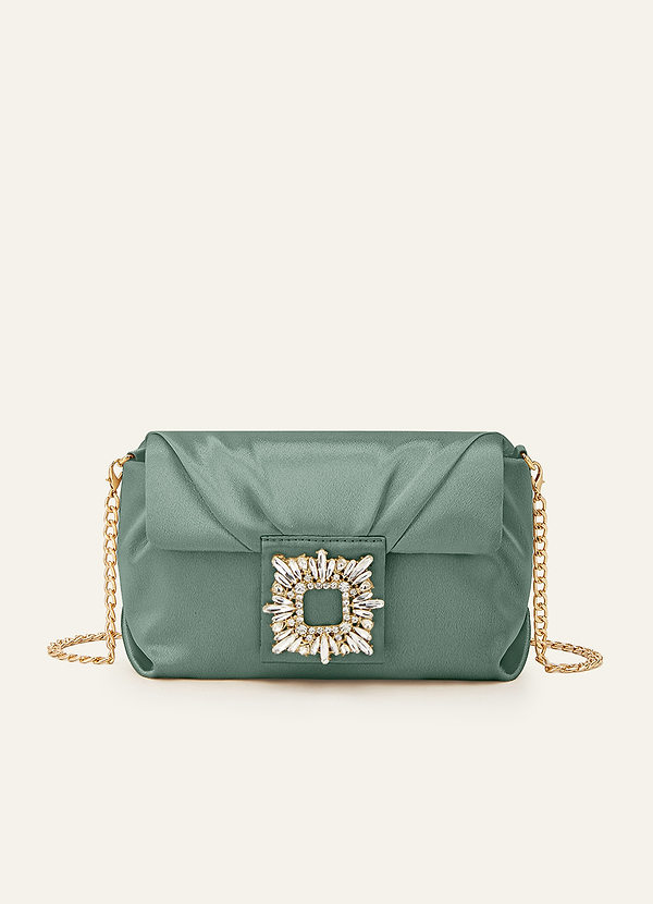 front Matching Color Stretch Satin Rhinestone Square Buckle Clutch
