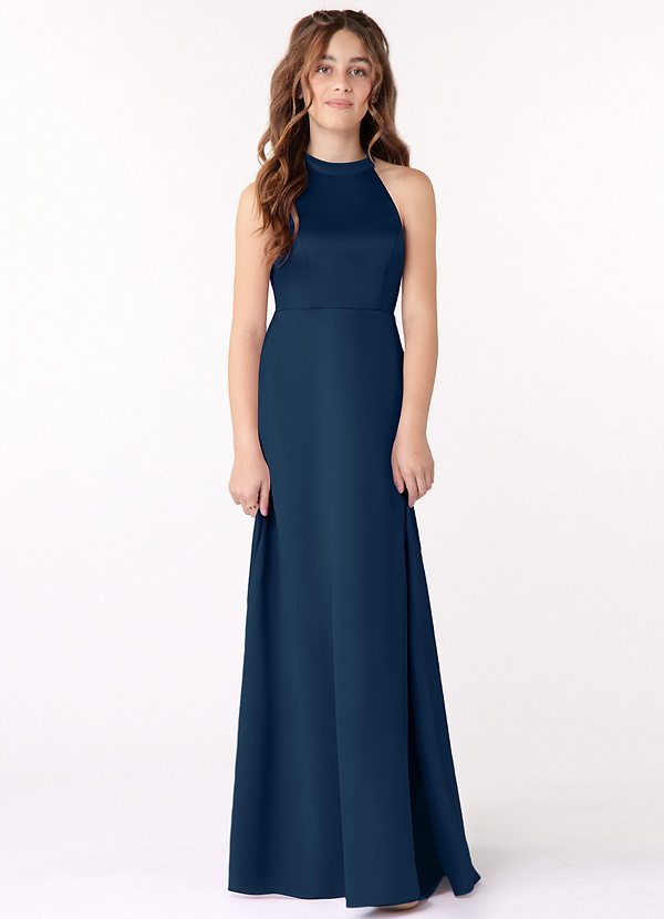 Azazie Laurel Junior Dark Navy A-Line Stretch Satin Dress image1