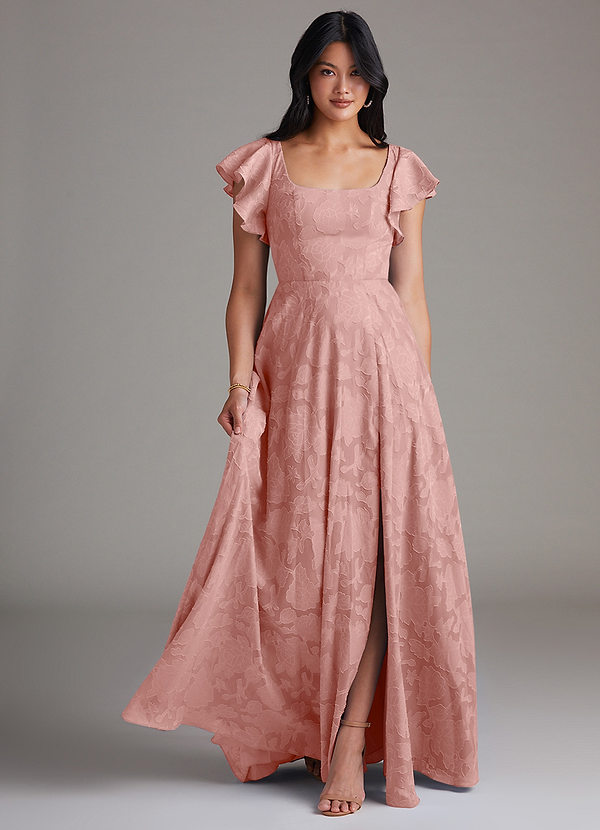 Azazie Bondi Bridesmaid Dresses Rosette A-Line Side Slit Floral Burnout Dress image1