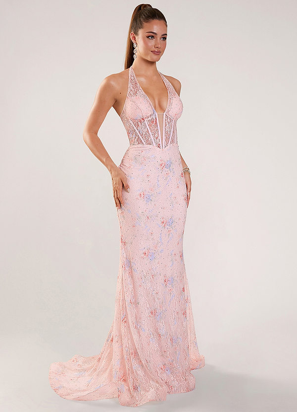 Chrysanthe Pink Rhinestone Print Lace Prom Dress image1