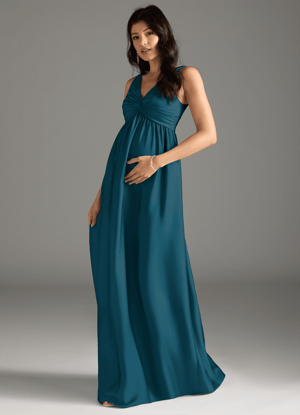 Azazie Yetta Gravid brudtärna Klänningar Klänning A-Line Plisserad Golvlängd Stretch Satin image1
