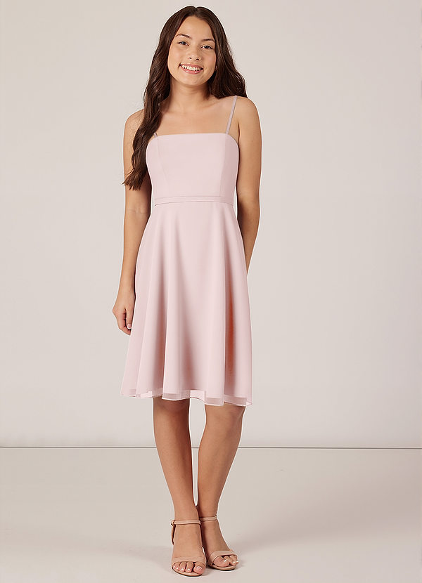Azazie Kalie Junior Blushing Pink A-Line with Belt Chiffon Dress image1