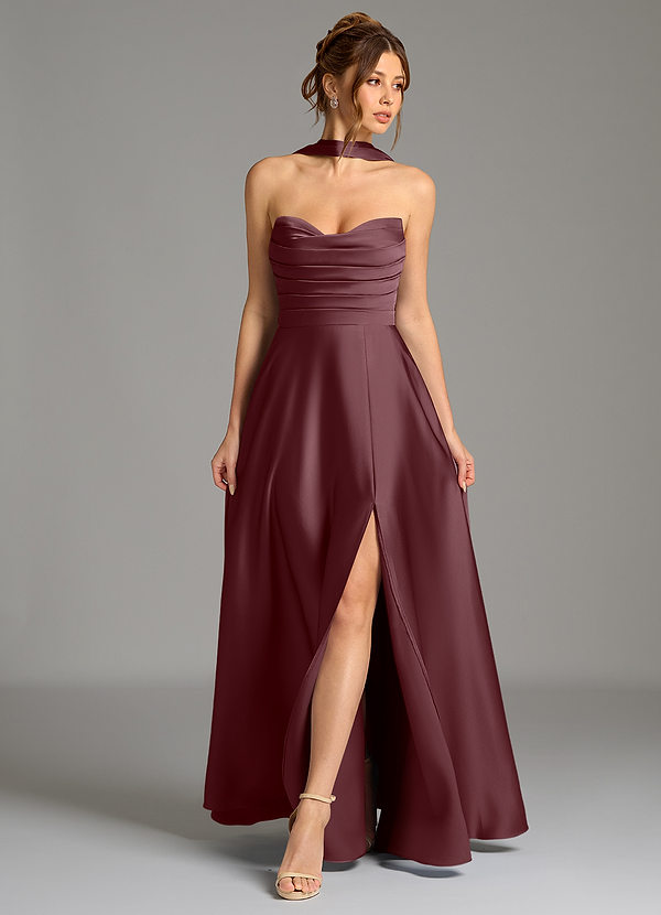 Azazie Ayla Bridesmaid Dresses Sangria A-Line Corset Stretch Satin Dress image1