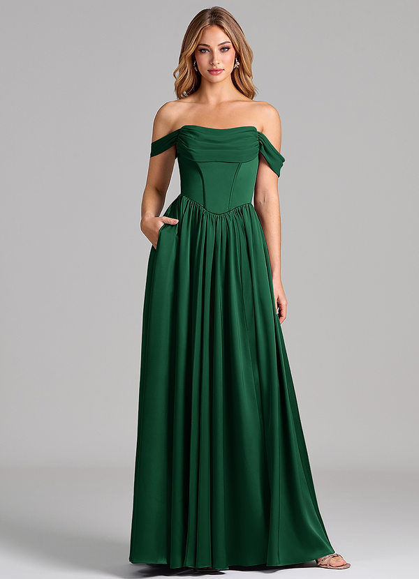 Azazie Raisa Bridesmaid Dresses Dark Green A-Line Off the Shoulder Stretch Satin Dress image1