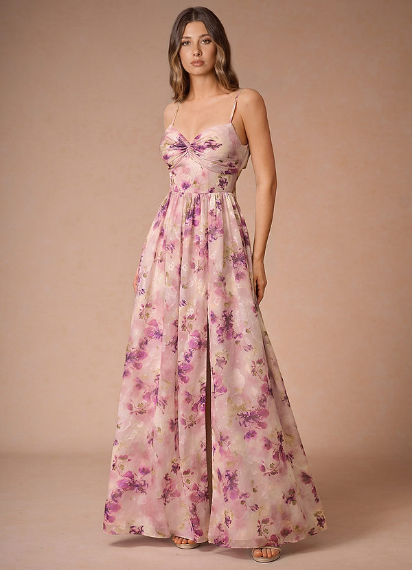 Lumi Mauve Floral A-Line V-Neck Pleated Chiffon Dress image1