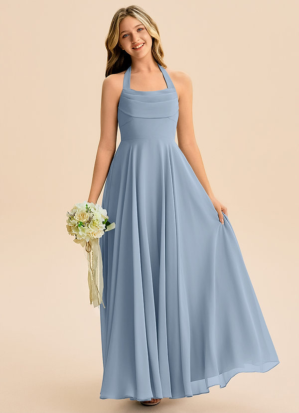 Azazie Kady Junior Vestido de Azul Polvoriento de Gasa de Corte en A con Escote de Corazón image1