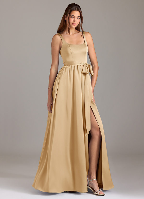 Azazie Elliott Bridesmaid Dresses Gold A-Line with Pockets Stretch Satin Dress image1