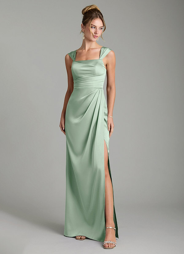 Azazie Filippa Bridesmaid Dresses Agave A-Line Pleated Stretch Satin Dress image1