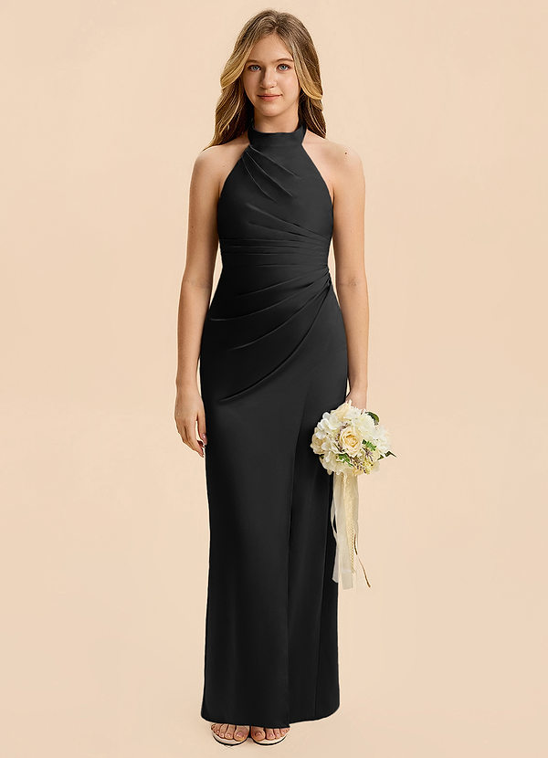 Azazie Jemma Junior Black Sheath Ruched Stretch Satin Dress image1