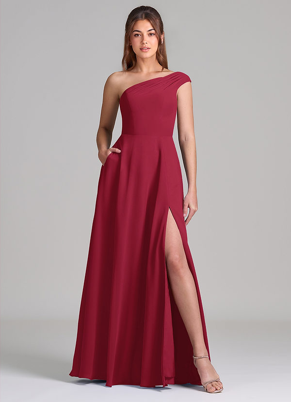 Azazie Melanie Bridesmaid Dresses Burgundy A-Line Off the Shoulder Chiffon Dress image1