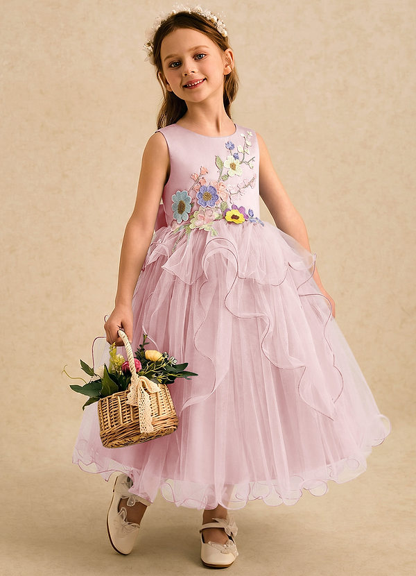 Azazie Savannah Flower Girl Dresses Powder Pink Ball-Gown Lace Tulle Dress image1