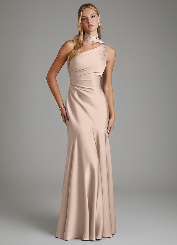 Azazie Amara Vestidos de dama de honor Vestido Rosa Inglesa de Satén Elástico de Corte Sirena con Un hombro image1