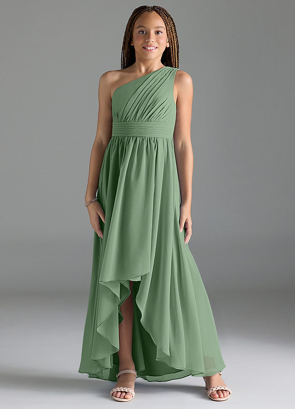 Azazie Mathilda Junior Robe Trapèze en Mousseline de soie Plissée Matcha image1