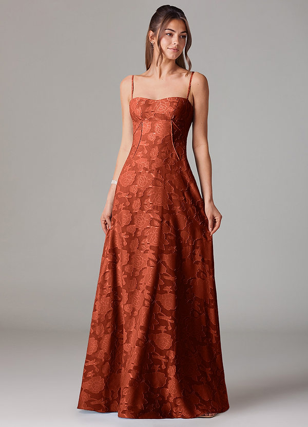 Azazie Valentine Brautjungfernkleider A-Linie Herzausschnitt Blumen-Burnout Kleid Rotbraun image1