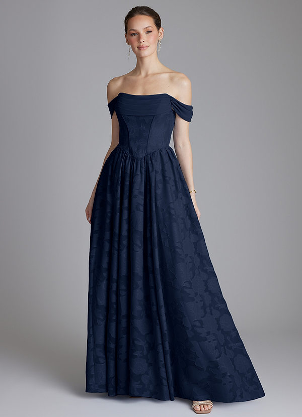 Azazie Raisa Bridesmaid Dresses Dark Navy A-Line Off the Shoulder Floral Burnout Dress image1