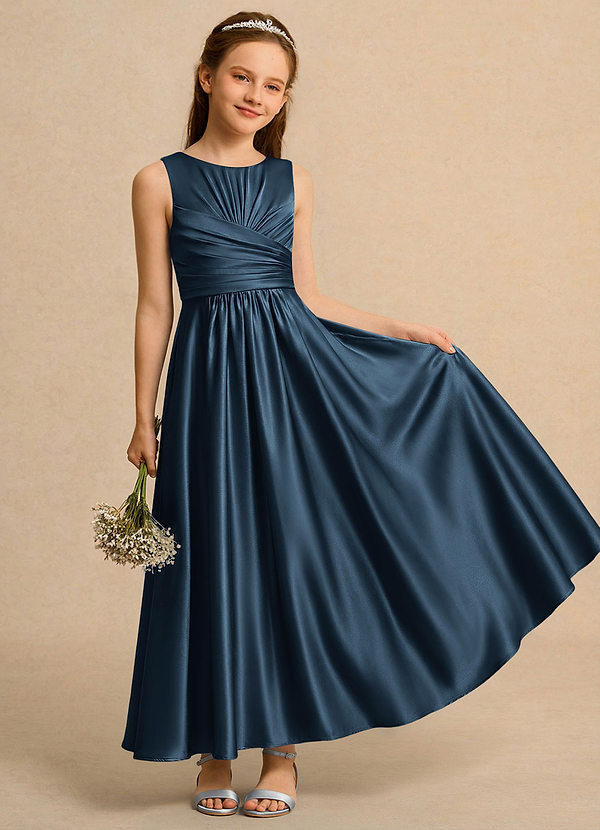 Azazie Ducky Girls Formal Flower Girl Dresses Dark Navy A-Line Pleated Stretch Satin Dress image1