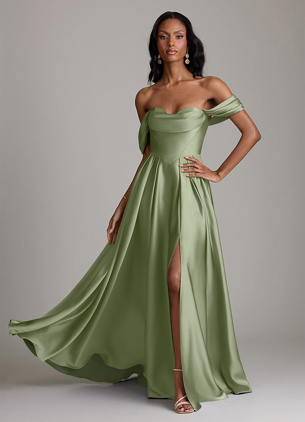 Azazie Loisa Vestidos de Dama de Honor Vestido Pistache de Cetim elástico de Linha A com Ombros Caídos image1
