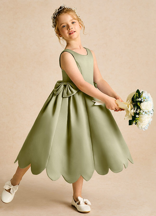 Azazie Macaroon Flower Girl Dresses Moss Green Ball-Gown Bow Matte Satin Dress image1